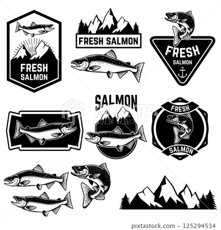 Vintage fresh salmon fish emblems, labels and design elements. Logo,badge or label design template. Vintage fresh salmon fish emblems, labels and design elements. Logo,badge or label design template. 125294534