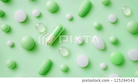 Green and white capsules and tablets on mint background, minimalist aesthetic. 125294543