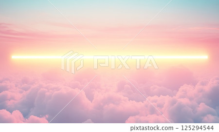 Serene sunset above fluffy cloudscape with warm glow digital effect. 125294544
