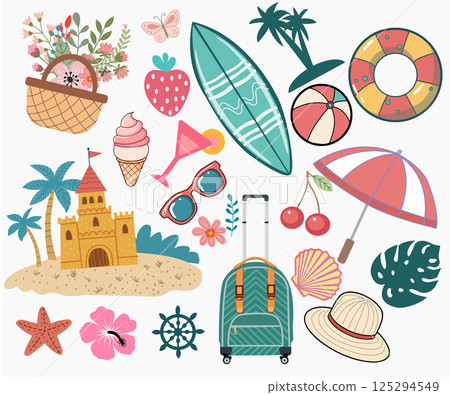summer vacation and beach elements, sunglasses, umbrella, ball other travel elements. summer vacation and beach elements, sunglasses, umbrella, ball other travel elements. 125294549