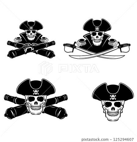admiral label and logo design template. Pirate skull with two cross swords. Vector illustration. 125294607