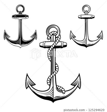 Anchors monochrome icons. Design element for logo, label, badge. Vector illustration. 125294620