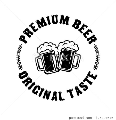 Best Beer. Vintage craft beer retro design element,  two beer mugs isolated on white background. Vector illustration. 125294646