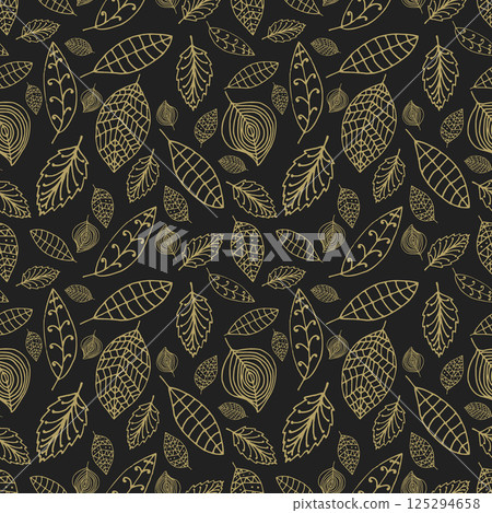 Black and gold seamless pattern with leaves. Styles hand drawn leaves pattern. Vector design element. Black and gold seamless pattern with leaves. Styles hand drawn leaves pattern. Vector design element. 125294658