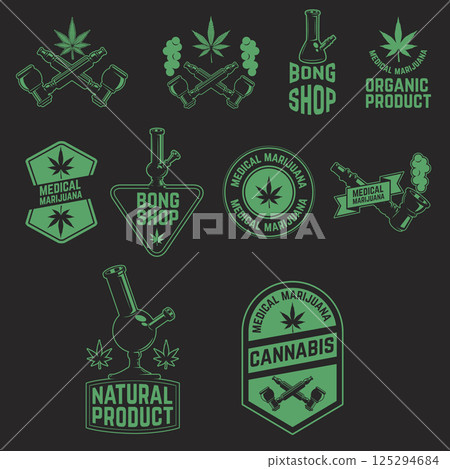 Set of cannabis, marijuana, bong shop labels, badges and design elements. Medical marijuana. Cannabis icons. Bong icons. Vector design elements on grunge background. Set of cannabis, marijuana, bong shop labels, badges and design elements. Medical marijuana. Cannabis icons. Bong icons. Vector design elements on grunge background. 125294684