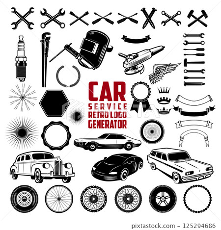 Car Service Retro Logo Generator is set of icons, badges, ribbons and other useful design elements for retro car service emblems and logos Vector illustration. 125294686