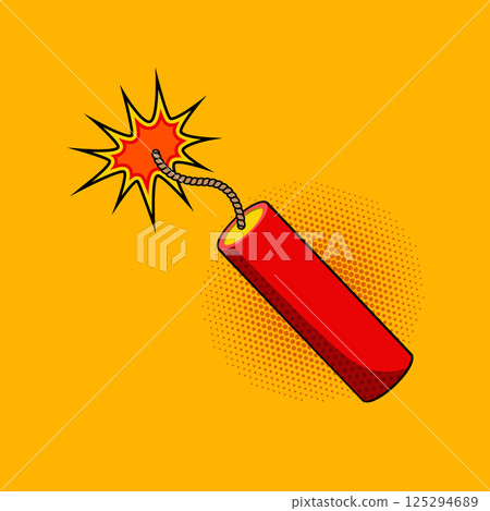 Comic style dynamite on colorful background. Cartoon style dynamite stick. Design element in vector for logo, label, flyer, poster. 125294689