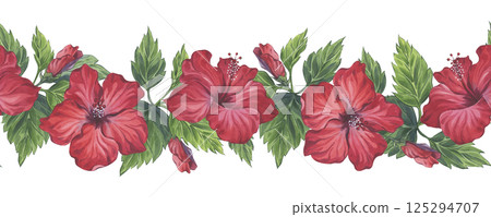 Red hibiscus exotic blossom border in watercolor technique Red hibiscus exotic blossom border in watercolor technique 125294707