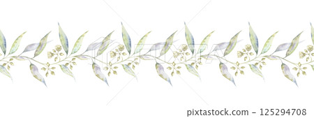 Eucalyptus seamless border in watercolor illustrative technique. Hand-drawn delicate branches in bloom. Soft pastel style. Perfect for wedding invites, packaging, or botanical designs Eucalyptus seamless border in watercolor illustrative technique. Hand-drawn delicate branches in bloom. Soft pastel style. Perfect for wedding invites, packaging, or botanical designs 125294708