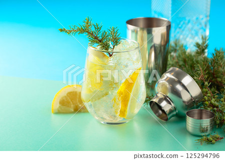Gin and tonic cocktail with crushed ice and lemon slices. 125294796