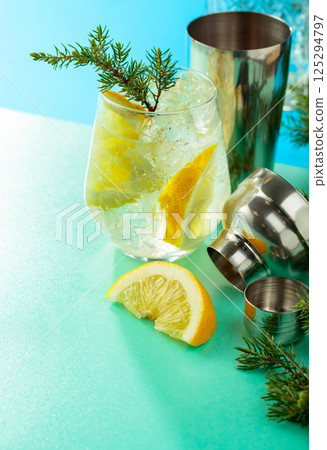 Gin and tonic cocktail with crushed ice and lemon slices. 125294797