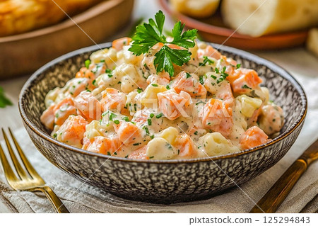 Colorful Olivier salad with fresh herbs, ideal for a summer gathering or picnic 125294843