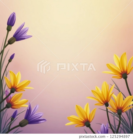 Wildflowers in shades of yellow and purple gracefully sway, framed by a gentle pastel background that evokes tranquility and inspiration, ideal for designs and artworks Generative AI 125294897