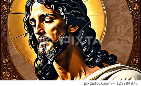 A serene depiction of Jesus Christ with a gentle expression, enveloped in radiant light, evoking a sense of peace, spirituality, and divine presence in a timeless setting Generative AI 125294976