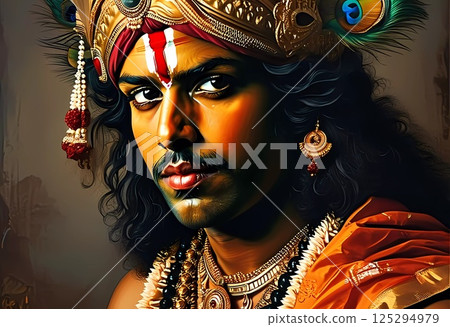 In a captivating portrayal, Lord Krishna radiates love and compassion. The scene is adorned with intricate details, enhancing the divine presence of wisdom within a tranquil background Generative AI 125294979