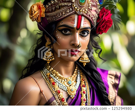 A mesmerizing performance unfolds as a skilled dancer captivates onlookers in opulent traditional dress, surrounded by rich flora during a lively festival celebration Generative AI 125294980