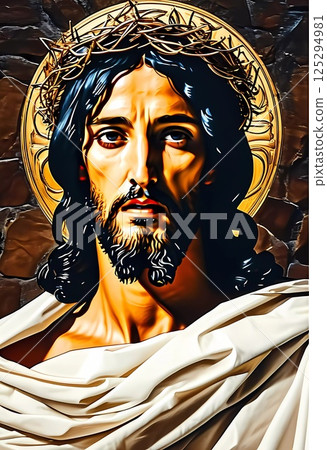 A striking image of Jesus Christ with flowing hair and a crown of thorns, exuding a serene presence bathed in golden light, symbolizing hope and faith in a timeless setting Generative AI 125294981