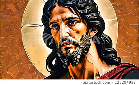 A powerful depiction of Jesus Christ, embodying purity and compassion, stands against a backdrop of intricate mosaics, radiating warmth and divine presence, inviting reflection and awe Generative AI 125294982
