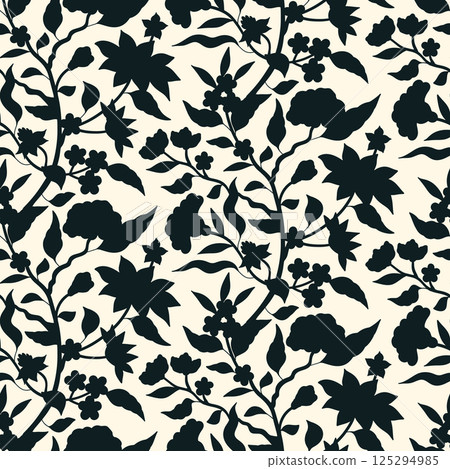 Seamless pattern with boho black and white hand drawn chinoiserie flowers and leaves. Floral wallpaper with monochrome orintal folk style ornament Seamless pattern with boho black and white hand drawn chinoiserie flowers and leaves. Floral wallpaper with monochrome orintal folk style ornament 125294985