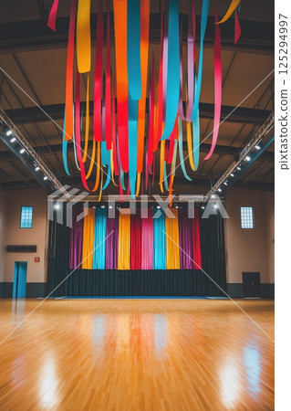 Colorful ribbons and curtains decorate an empty gymnasium with polished wooden floors and stage lighting. The image symbolizes celebration, transformation and creative event preparation 125294997