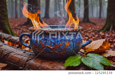 Blue pot with a design of leaves and branches sits on a log in the woods. The pot is filled with smoke and has a fire burning inside. Concept of warmth and coziness 125295139