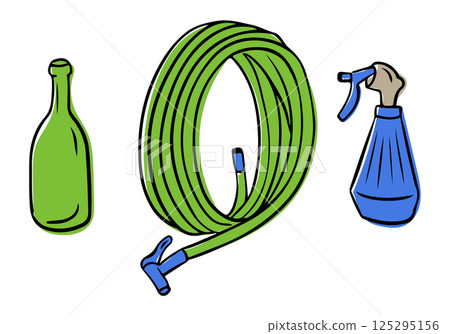 Colorful hand drawn vector of garden hose, spray bottle and glass bottle on white background. Illustration representing gardening tools, watering, and outdoor plant care Colorful hand drawn vector of garden hose, spray bottle and glass bottle on white background. Illustration representing gardening tools, watering, and outdoor plant care 125295156