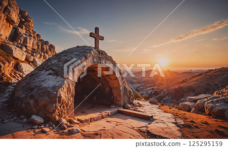 Small stone building with a cross on top of it. The sun is setting behind the building 125295159