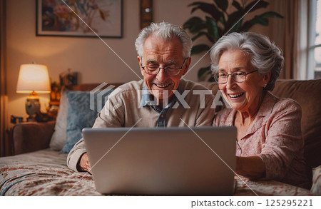 Couple of older people are sitting on a couch and looking at a laptop. They are smiling and seem to be enjoying themselves 125295221