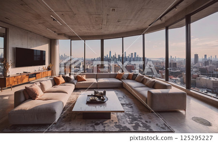 Large living room with a white coffee table and a large sectional sofa. The room has a modern and spacious feel, with a view of the city skyline visible through the large windows Large living room with a white coffee table and a large sectional sofa. The room has a modern and spacious feel, with a view of the city skyline visible through the large windows 125295227