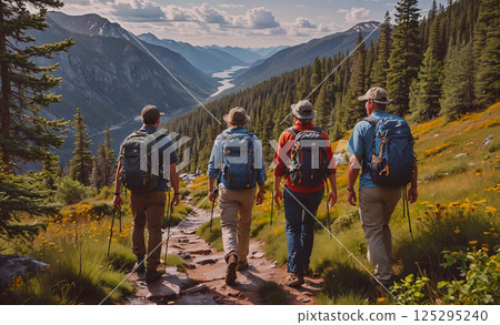 Four men are walking on a trail in the mountains. They are wearing backpacks and are carrying hiking poles. The trail is surrounded by trees and the mountains in the background 125295240