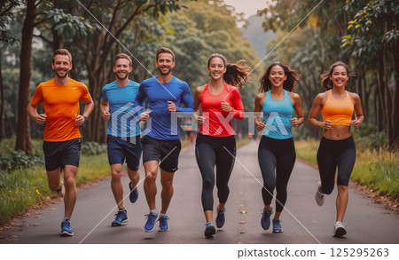 Group of people are running together on a road. They are all smiling and seem to be enjoying themselves 125295263