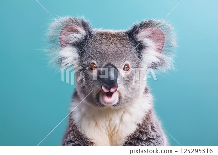 Koala with a surprised expression on face isolated on a blue background 125295316