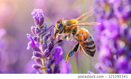 Buzzing honeybee collects nectar from vibrant lavender flowers during late summer afternoon in a serene garden setting 125295341