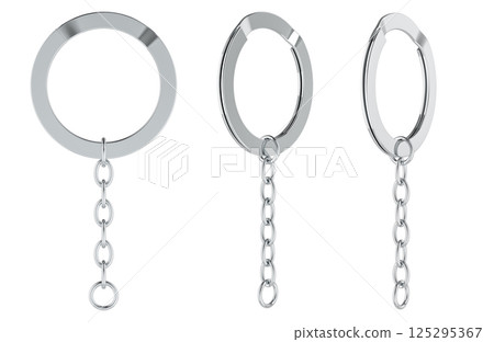 Split Keyrings with Chain Keychain Ring, Silver colors, different views. 3D rendering Split Keyrings with Chain Keychain Ring, Silver colors, different views. 3D rendering 125295367