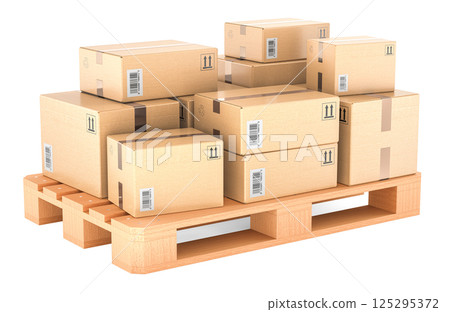 Wooden pallet with parcels. Shipping and logistics concept, 3D rendering Wooden pallet with parcels. Shipping and logistics concept, 3D rendering 125295372