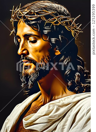 In a moment of quiet reflection, Jesus Christ stands with a crown of thorns, embodying sacrifice and love. The warm tones enhance the spiritual ambiance, inviting contemplation Generative AI 125295399