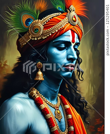 This artwork highlights Lord Krishna, adorned with rich attire and jewelry, exuding love and wisdom. The vibrant colors and serene expression create an enchanting atmosphere Generative AI 125295401