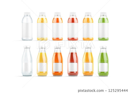 Blank transparent 16 oz plastic and glass juice bottle mockup Blank transparent 16 oz plastic and glass juice bottle mockup 125295444