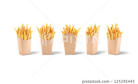 Blank craft paper pack french fries mockup, different angles views Blank craft paper pack french fries mockup, different angles views 125295445