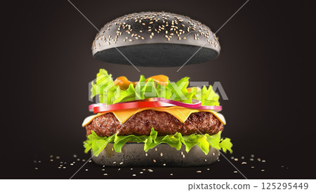 Beef hamburger with cheese and black bun mockup, dark background 125295449