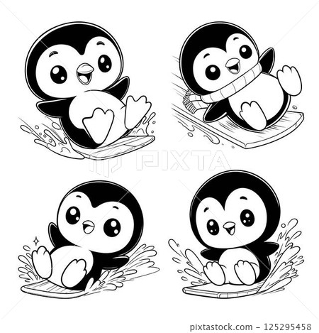 A chibi penguin is skating on ice with a happy expression. Bundle 125295458