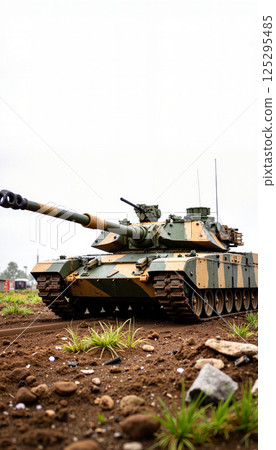 Camouflage-painted military tank with long barrel on rocky terrain featuring scattered grass and stones. Two antennas are visible on top. No identifiable markings or text 125295485