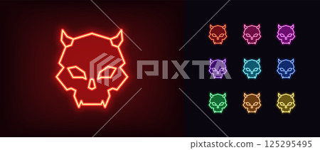 Outline neon demon skull icon. Glowing neon devil skull with horns and fangs, vampire cranium icon. Death face, scary skeleton head, evil, demon emoji, satan skull, monster cranium. Vector icon set 125295495