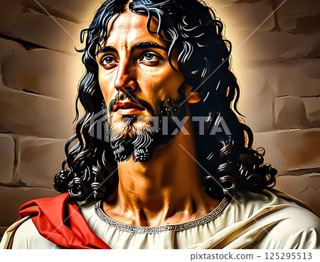 A strong portrayal of Jesus Christ highlights his compassionate expression and divine aura, set against a textured wall symbolizing strength and history Generative AI 125295513