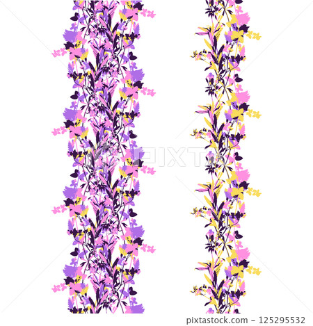 Seamless border with dry herbs and leaves in bold bright purple colors. Wild field and forest plants frame Seamless border with dry herbs and leaves in bold bright purple colors. Wild field and forest plants frame 125295532