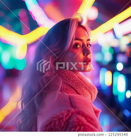 Amidst a lively arcade bursting with electric hues, a woman with flowing hair embodies grace and confidence as she gazes over her shoulder, illuminated by vivid lights Generative AI 125295540