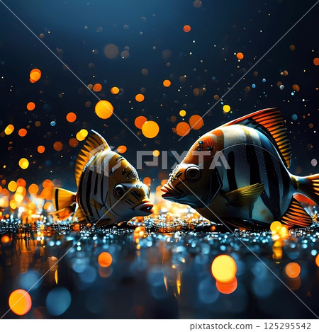 Two vibrant fish engage in a playful moment under a canopy of shimmering bubbles and sparkling light. The enchanting atmosphere captures the magic of aquatic life in vivid detail Generative AI 125295542