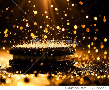A striking arrangement of a black dessert topped with a glimmering golden bokeh effect creates an enchanting atmosphere. The scene radiates warmth and elegance, drawing the eye Generative AI 125295543
