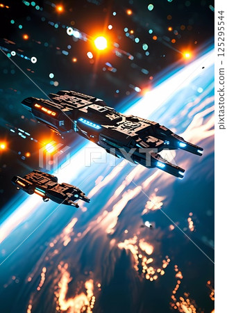 Two futuristic spaceships glide through the starry universe, casting brilliant lights as they explore the vast cosmic realms Generative AI 125295544