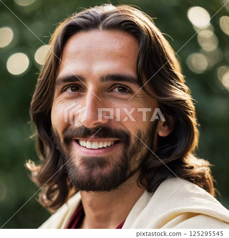 In a tranquil outdoor environment, a figure resembling Jesus Christ radiates warmth and joy, with a bright smile enhancing the peaceful atmosphere during golden hour Generative AI 125295545